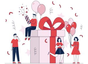 Happy people making gifts and presents vector illustration. Man and woman celebrating Christmas party with friends. Surprise for girl on birthday. Celebration and entertainment concept.